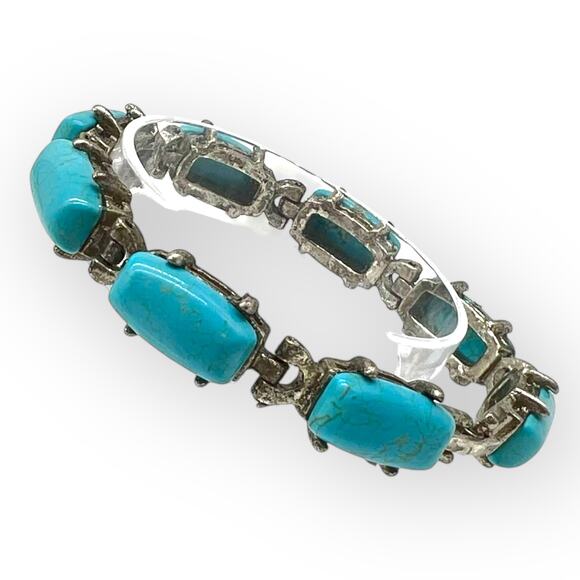 Burnished Silver Bracelet Turquoise Rectangular Semi Precious Stone Howlite - Picture 2 of 10